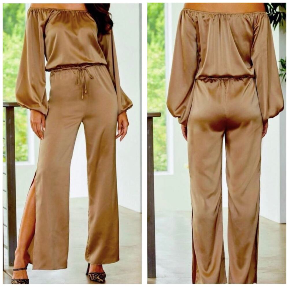 Boston Proper Gold Bronze Satin Off The Shoulder Jumpsuit Wide Leg Size Medium